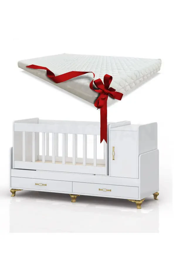 Mother's Side, Rocking, Growing Baby Cradle, with Mattress, Cover, Drawer 60 x 120 Gold - 1
