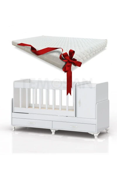Mother's Side, Rocking, Growing Baby Cradle, with Mattress, Lid, Drawer 60 x 120 White - TEMOSAN