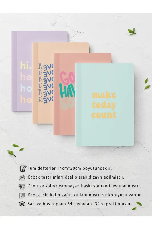 Motivasyon Çizgisiz Defter Seti - 4 Adet - 14cm*20cm - 64 Sayfa-Renkli V - 2