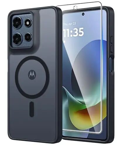 FNTCASE for Moto G 2026/2025 Case: Matte Translucent Moto G Play 2026 Phone Cases with Screen Protector Lens Protection Compatible with Magsafe Rugged Protective Cell Cover (Frosted Black Magnetic) 