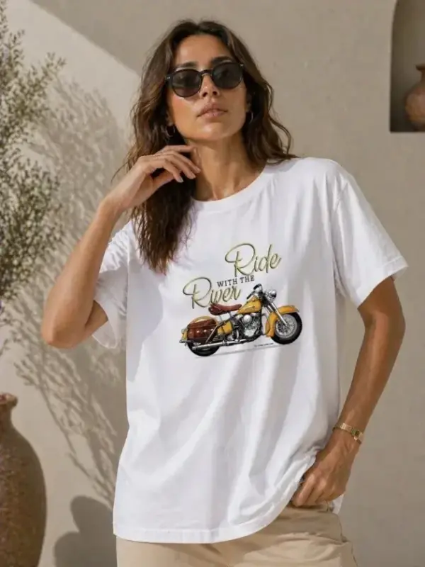 Motosiklet Baskılı Tişört Bisiklet Yaka Kısa Kol Yazlık T-Shirt - Beyaz - BÜYÜKBEDENIZ