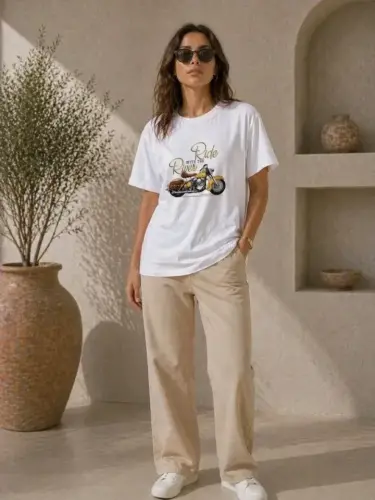 Motosiklet Baskılı Tişört Bisiklet Yaka Kısa Kol Yazlık T-Shirt - Beyaz - BÜYÜKBEDENIZ (1)