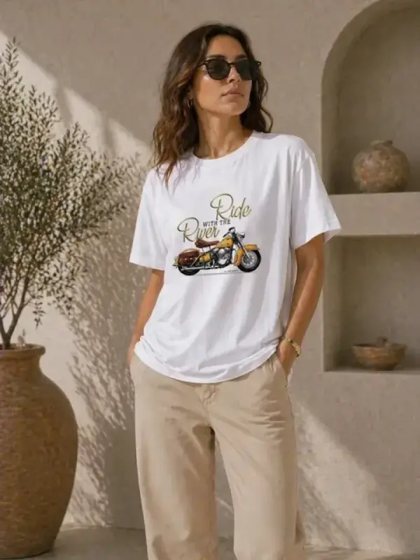 Motosiklet Baskılı Tişört Bisiklet Yaka Kısa Kol Yazlık T-Shirt - Beyaz - 3