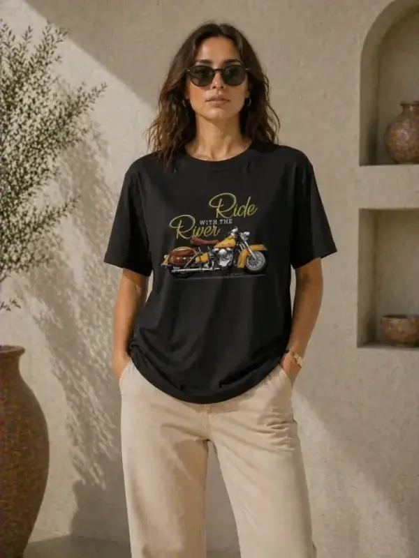 Motosiklet Baskılı Tişört Bisiklet Yaka Kısa Kol Yazlık T-Shirt - Siyah - 2