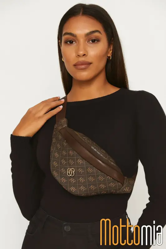 Mottomia Kahverengi Monogram Desenli Kadın Bel Çantası Vegan Deri Günlük Spor Çapraz Çanta - Kahverengi Monogram - 3