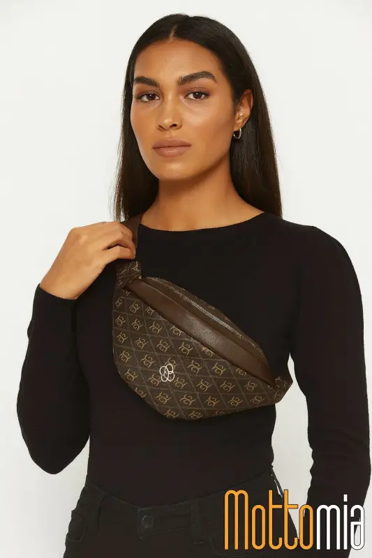 Mottomia Kahverengi Monogram Desenli Kadın Bel Çantası Vegan Deri Günlük Spor Çapraz Çanta - Kahverengi Monogram - NEWISH POLO