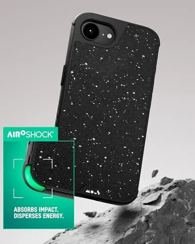 Mous for iPhone 16e Case 2025 MagSafe Compatible - Limitless 6.0 - Black Speckled Fabric - Protective Shockproof Phone Cover 