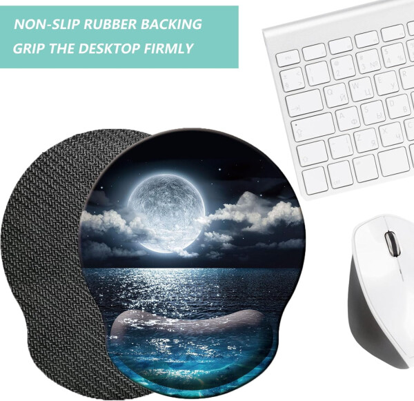 Mouse Pad with Wrist Support, Ergonomic Mouse Pad with Memory Foam Wrist Rest Cushion, Non-Slip Rubber Base Gaming Mice Pad for Home Office Computer Laptop, Moonlit Night - 3