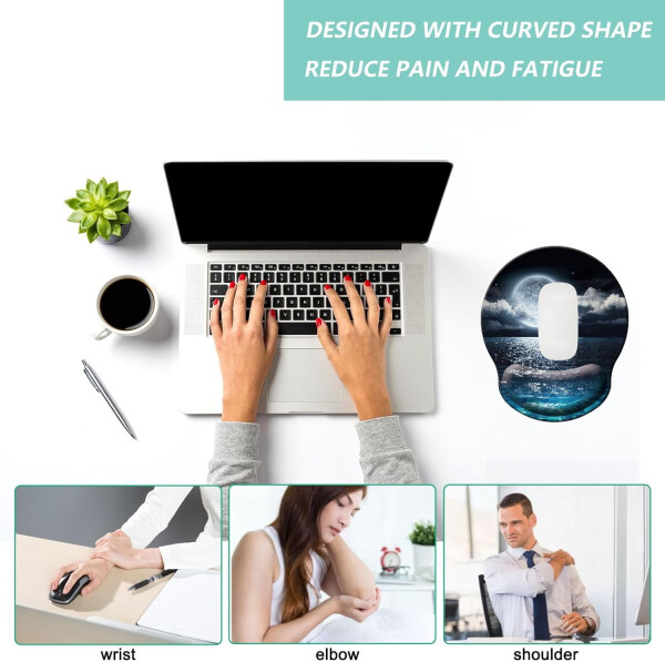 Mouse Pad with Wrist Support, Ergonomic Mouse Pad with Memory Foam Wrist Rest Cushion, Non-Slip Rubber Base Gaming Mice Pad for Home Office Computer Laptop, Moonlit Night - 4