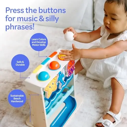 Move2Play, Wooden Ocean Friends | 30+ Fin-Tastic Songs & Phrases | Baby & Toddler Musical Toy | First Birthday Present for 1+ Year Old | Ages 6-24 Months | Boy & Girl Ball Drop Toy - 4