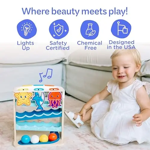 Move2Play, Wooden Ocean Friends | 30+ Fin-Tastic Songs & Phrases | Baby & Toddler Musical Toy | First Birthday Present for 1+ Year Old | Ages 6-24 Months | Boy & Girl Ball Drop Toy - 5