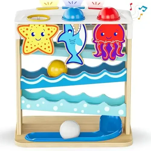 Move2Play, Wooden Ocean Friends, 1+ yoshdagi bolalar uchun interaktiv o'yinchoq, 6 oydan 12 oygacha, chaqaloq o'yinchoq, qizlar uchun 1 yoshli tug'ilgan kun sovg'asi, 9-12 oy, 6 7 8 9 10 12+ oy 