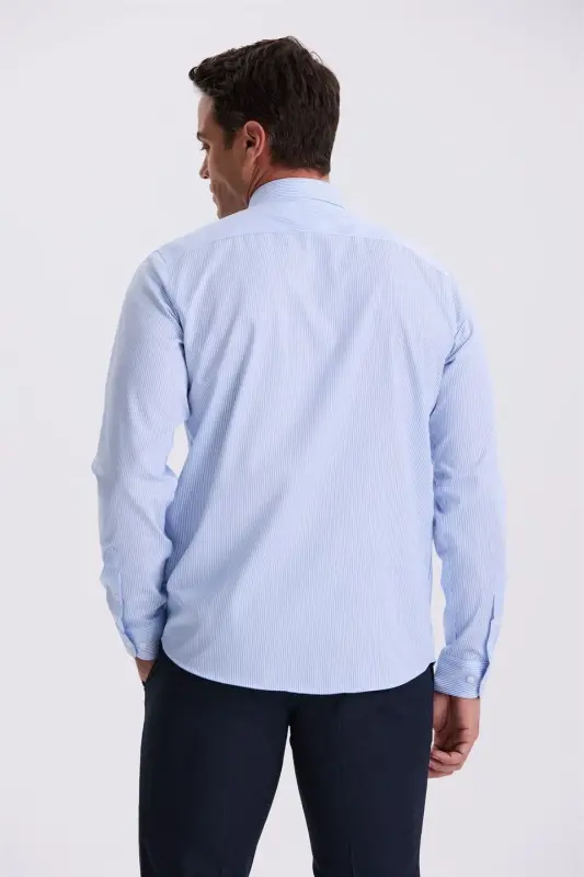 Moviy Comfort Fit dazmollash talab etilmaydigan 100% paxta chiziqli Non Iron ko'ylak - 4