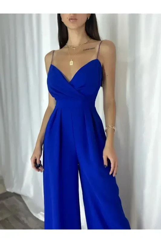 Moviy Elastik Krep Mato Askılı Kesilgan Yoqali Uzun Kechki Libos Tulum 582101 697-MAVI - 3