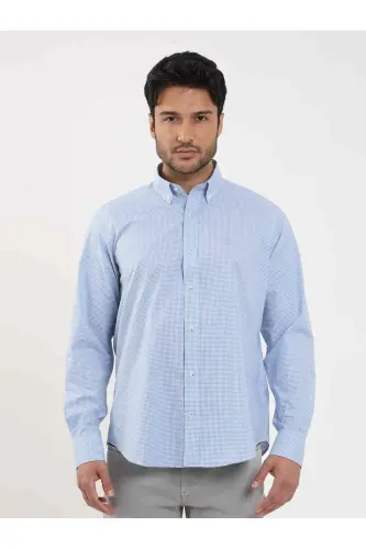 Moviy Erkaklar Regular Fit Pitikare Naqshli Tugmachali Yoqa Uzun Yengli Ko'ylak - 98284 - DUFY (1)