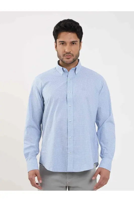 Moviy Erkaklar Regular Fit Pitikare Naqshli Tugmachali Yoqa Uzun Yengli Ko'ylak - 98284 - 2