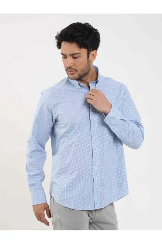 Moviy Erkaklar Regular Fit Pitikare Naqshli Tugmachali Yoqa Uzun Yengli Ko'ylak - 98284 - 4