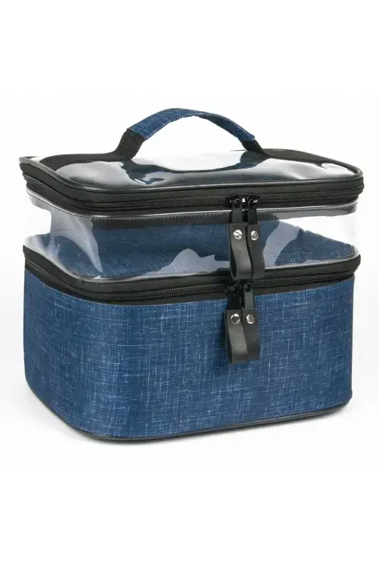 Moviy Kot rangli professional ikki bo'lmali makiyaj va teri parvarishi sumkasi - Moviy - JOSEKI