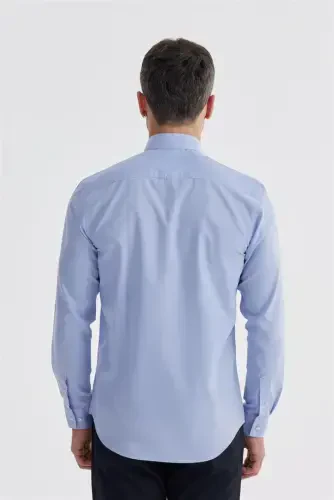 Moviy rangli Slim Fit paxta matoli klassik galstukli koʻylak - 4