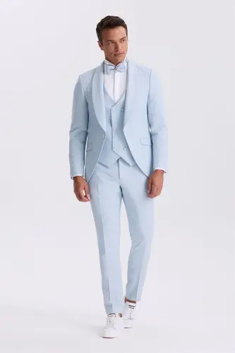 Moviy rangli, slim fit, shal yoqali, jiletli smoking kuyovlik kostyumi 