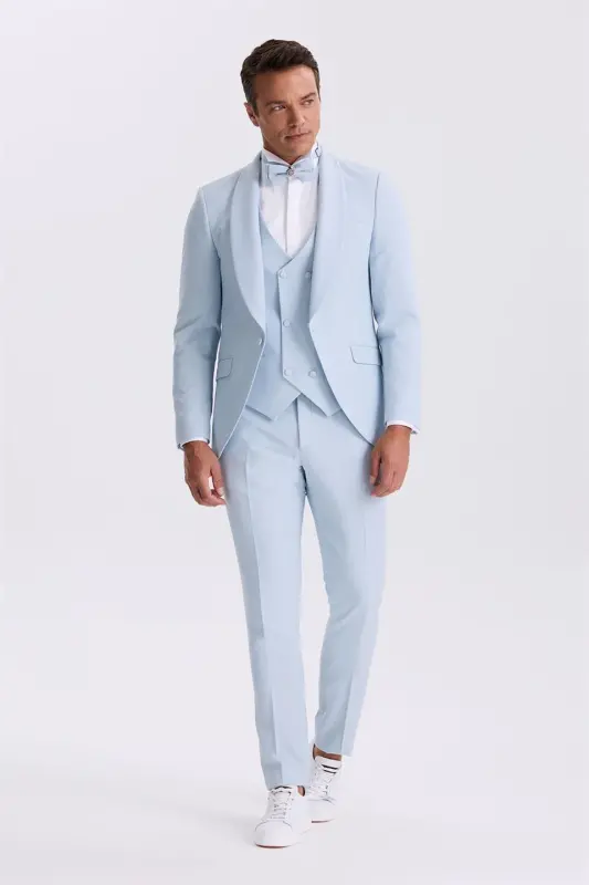 Moviy rangli, slim fit, shal yoqali, jiletli smoking kuyovlik kostyumi - JAKAMEN