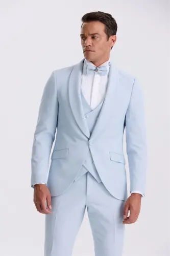 Moviy rangli, slim fit, shal yoqali, jiletli smoking kuyovlik kostyumi - JAKAMEN (1)