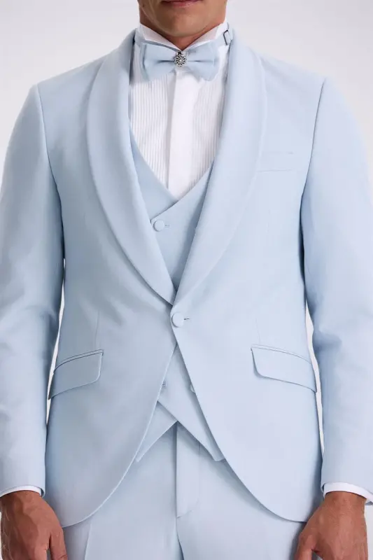 Moviy rangli, slim fit, shal yoqali, jiletli smoking kuyovlik kostyumi - 3