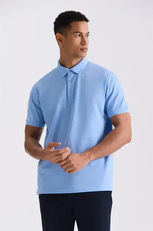 Moviy Slim Fit 100% Paxta Merserize Polo Yoqali Futbolka - JAKAMEN