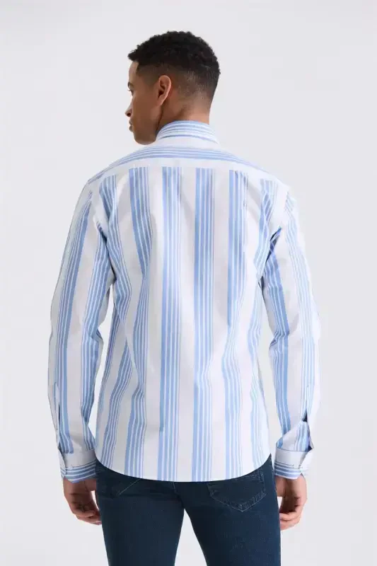 Moviy Slim Fit Chiziqli 100% Paxta Ko'ylak - 4