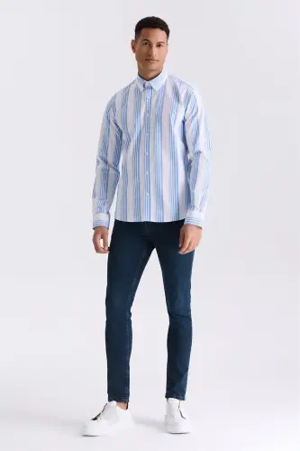 Moviy Slim Fit Chiziqli 100% Paxta Ko'ylak - JAKAMEN (1)