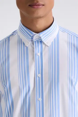 Moviy Slim Fit Chiziqli 100% Paxta Ko'ylak - 3