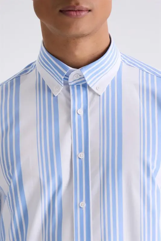 Moviy Slim Fit Chiziqli 100% Paxta Ko'ylak - 3