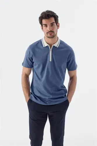 Moviy Slim Fit fermuarli 100% paxta polo yoqali futbolka - JAKAMEN (1)