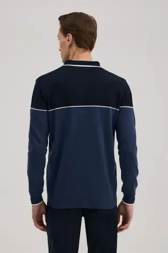 Moviy Slim Fit Fermuarli Polo Yoqali Triko - 4