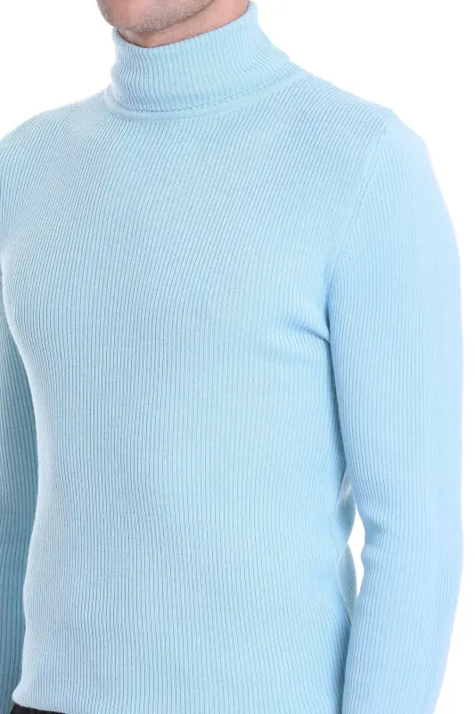 Moviy Slim Fit Fitilli Balıqchi Yaka Yünlü Triko Kaz - 1