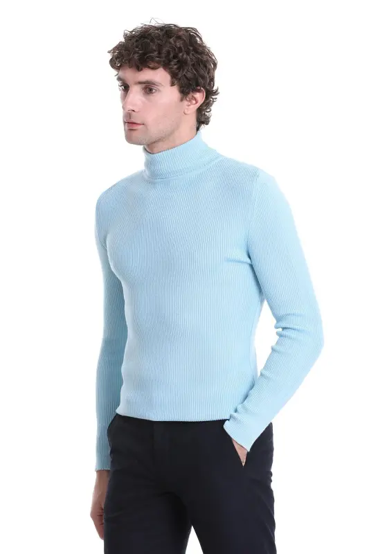 Moviy Slim Fit Fitilli Balıqchi Yaka Yünlü Triko Kaz - 3