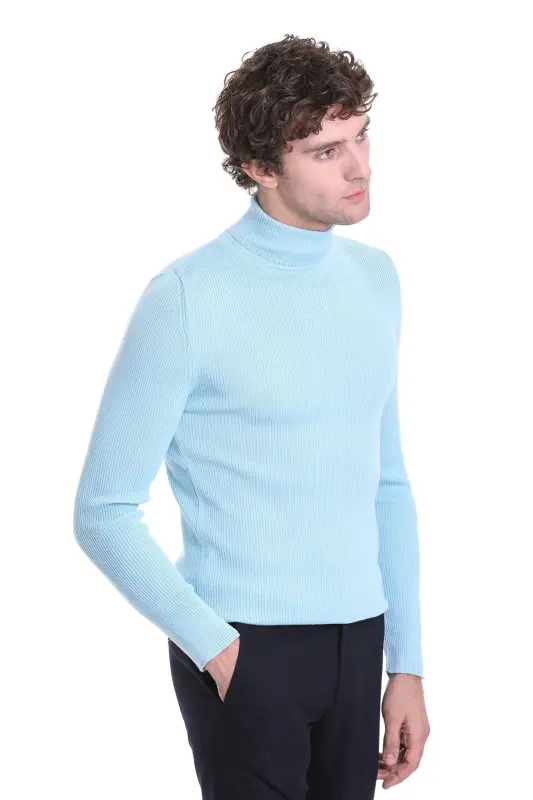 Moviy Slim Fit Fitilli Balıqchi Yaka Yünlü Triko Kaz - 4
