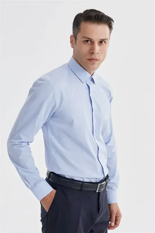 Moviy Slim Fit italyan yoqali klassik galstukli paxta ko'ylak - 2