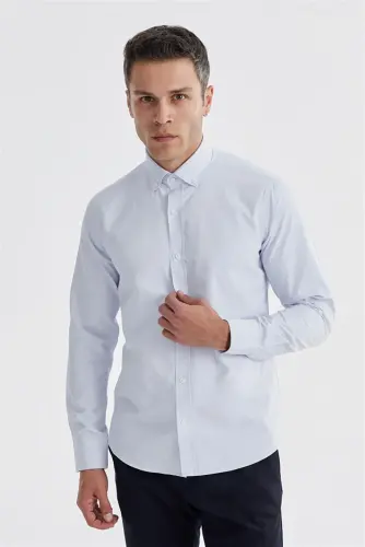 Moviy Slim Fit Naqshli Paxta Tugmali Yaka Ko'ylagi - JAKAMEN (1)