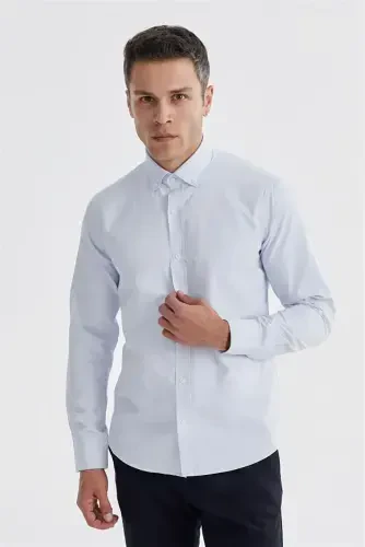 Moviy Slim Fit Naqshli Paxta Tugmali Yaka Ko'ylagi - Modazone (1)