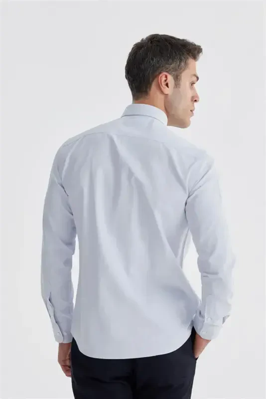 Moviy Slim Fit Naqshli Paxta Tugmali Yaka Ko'ylagi - 4