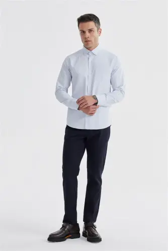Moviy Slim Fit Naqshli Paxtali Tugmali Yoqa Ko'ylak - 1