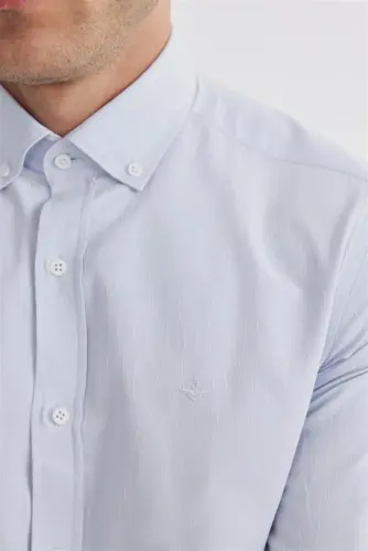 Moviy Slim Fit Naqshli Paxtali Tugmali Yoqa Ko'ylak - 3