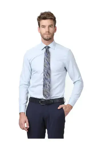 Moviy tekis Fitted Fit to'qilgan klassik paxta aralash ko'ylak - 1