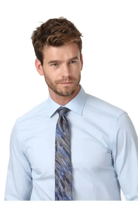 Moviy tekis Fitted Fit to'qilgan klassik paxta aralash ko'ylak - 3