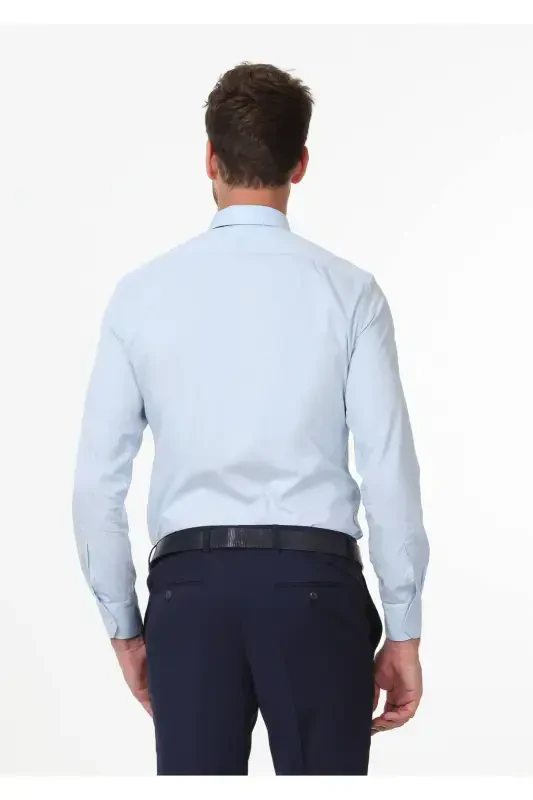 Moviy tekis Fitted Fit to'qilgan klassik paxta aralash ko'ylak - 4