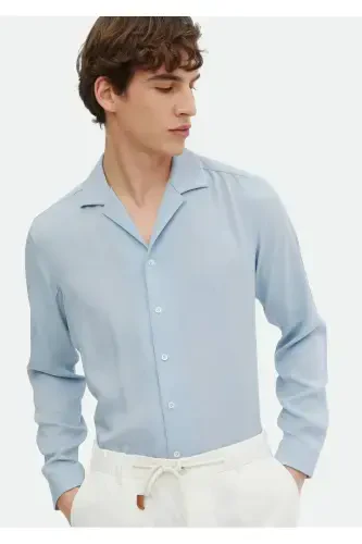 Moviy tekis Regular Fit to'qilgan klassik ko'ylak - 3