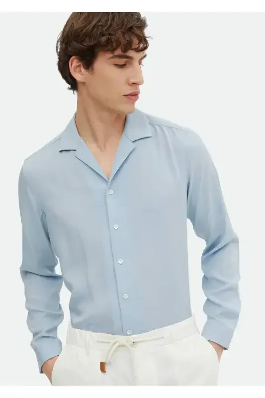 Moviy tekis Regular Fit to'qilgan klassik ko'ylak - 3