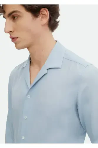 Moviy tekis Regular Fit to'qilgan klassik ko'ylak - 4