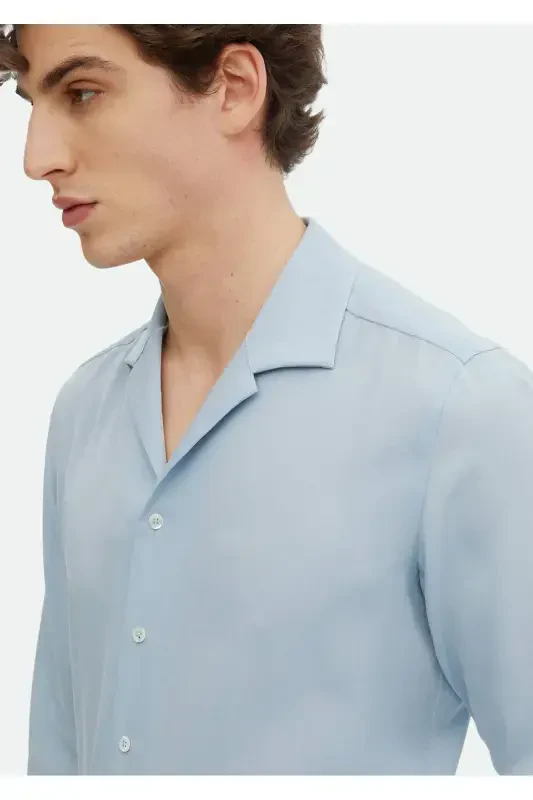 Moviy tekis Regular Fit to'qilgan klassik ko'ylak - 4